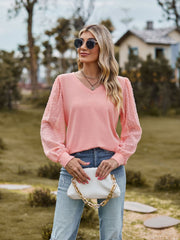 Swiss Dot V-Neck Long Sleeve Blouse Trendsi