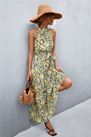 Printed Sleeveless Tie Waist Maxi Dress Trendsi