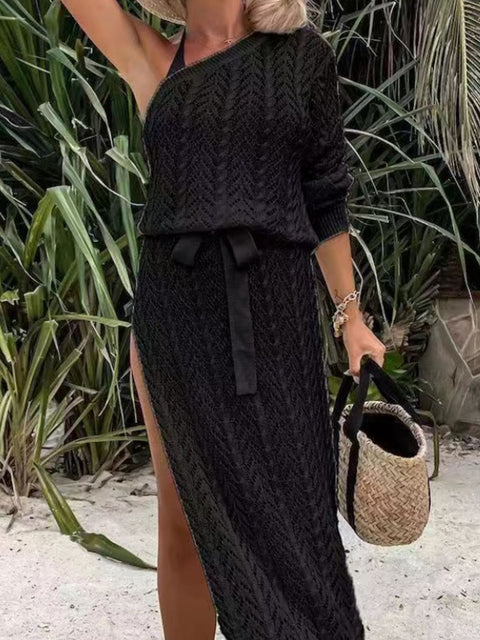 Slit Openwork Single Shoulder Knit Cover Up Dress