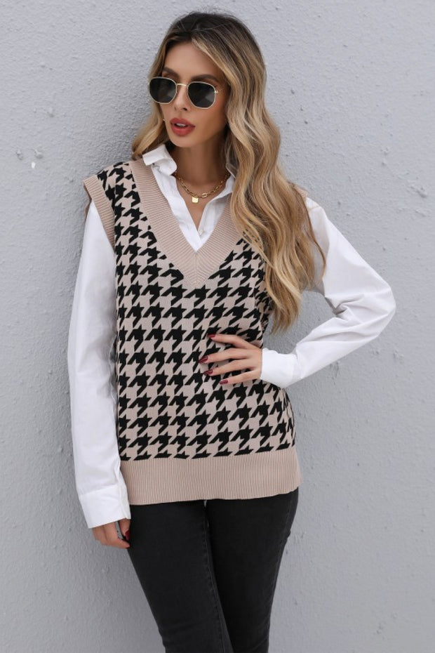 Houndstooth V-Neck Knit Vest Trendsi