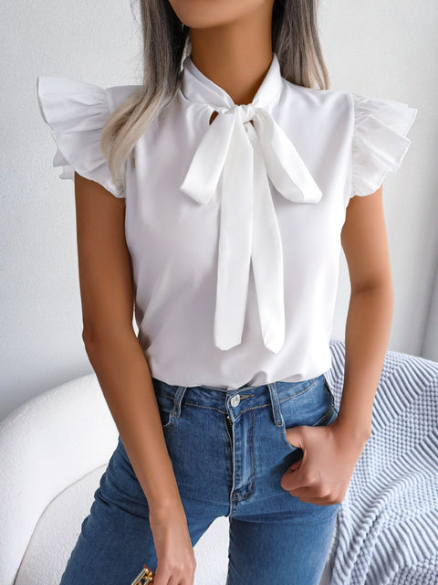 Tie  Neck Cap Sleeve Blouse Trendsi