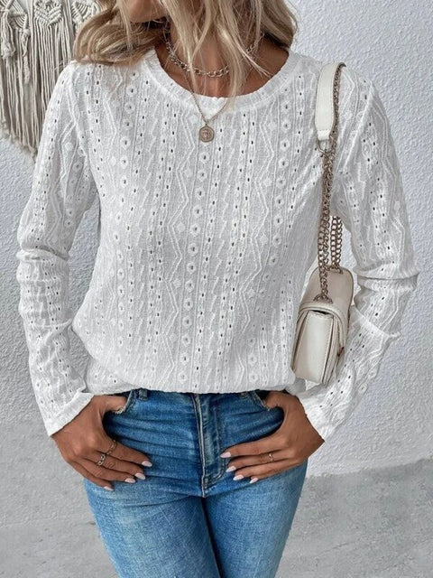 Eyelet Round Neck Long Sleeve Blouse Trendsi