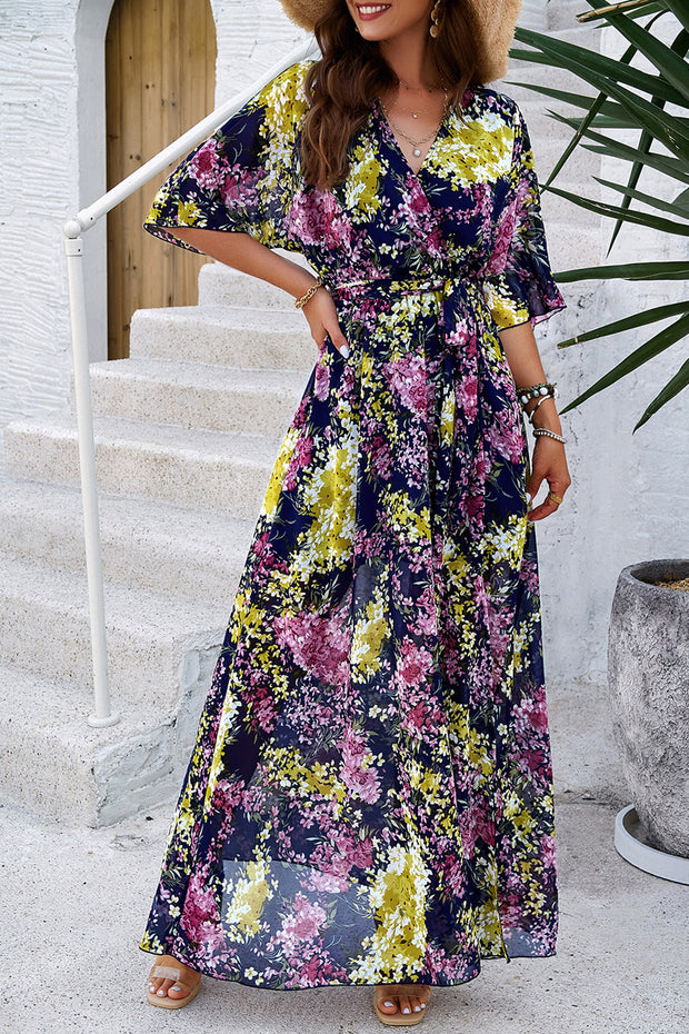 Printed Tied Half Sleeve Slit Dress Trendsi