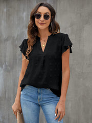 Swiss Dot Notched Flutter Sleeve Blouse Trendsi