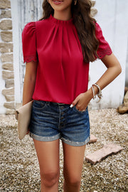 Ruched Mock Neck Short Sleeve Blouse Trendsi