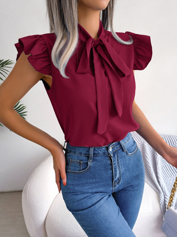 Tie  Neck Cap Sleeve Blouse Trendsi