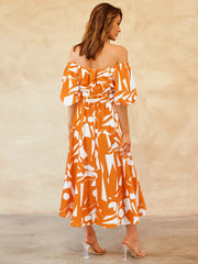 Printed Off-Shoulder Balloon Sleeve Dress Trendsi