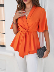 Surplice Tie Waist Half Sleeve Blouse