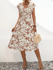 Printed V-Neck Cap Sleeve Midi Dress Trendsi