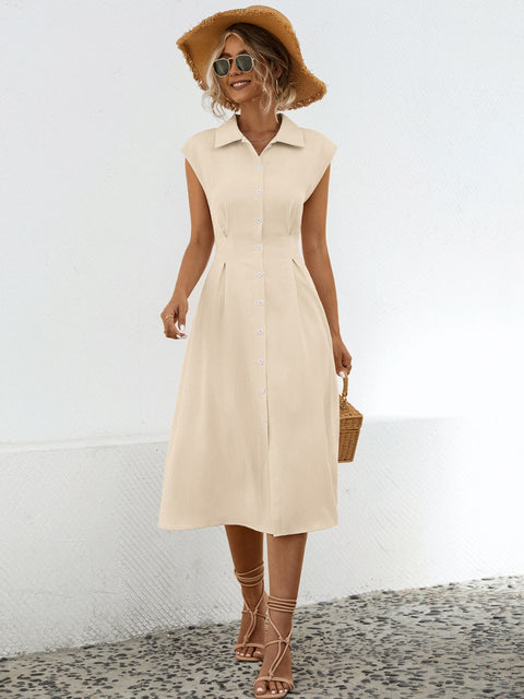 Button Up Cap Sleeve Midi Dress Trendsi