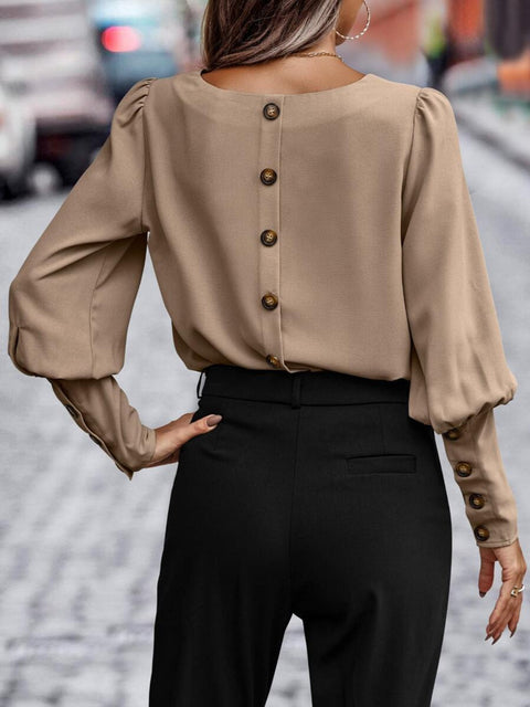 Round Neck Lantern Sleeve Blouse Trendsi