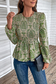 Smocked Printed Balloon Sleeve Blouse Trendsi