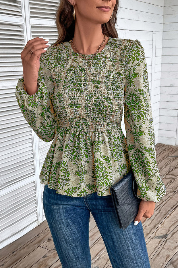 Smocked Printed Balloon Sleeve Blouse Trendsi