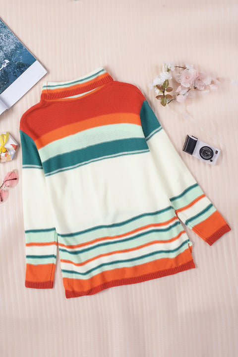 Woven Right Striped Turtleneck Drop Shoulder Sweater Trendsi