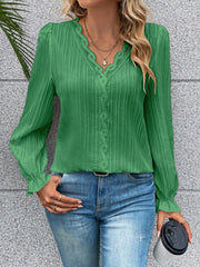 V-Neck Lace Detail Flounce Sleeve Blouse Trendsi