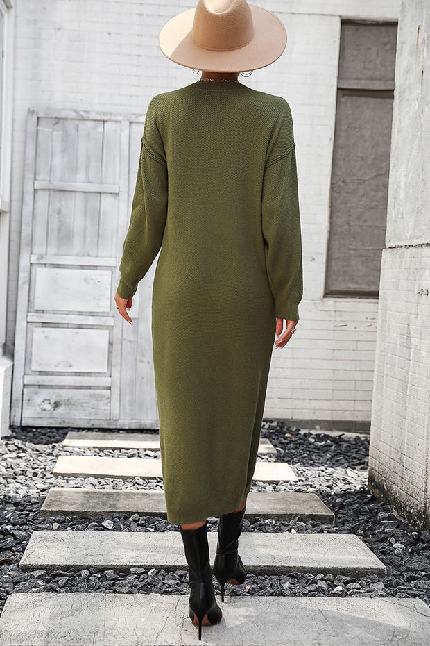 Decorative Button Notched Dropped Shoulder Sweater Dress Trendsi