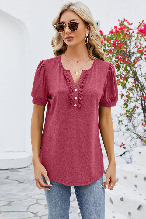 Frill Notched Short Sleeve Blouse Trendsi