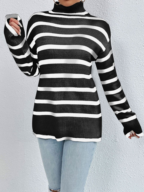 Striped Turtleneck Long Sleeve Sweater Trendsi