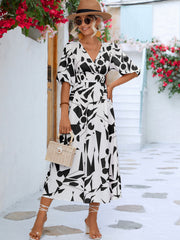 Printed Surplice Balloon Sleeve Dress Trendsi