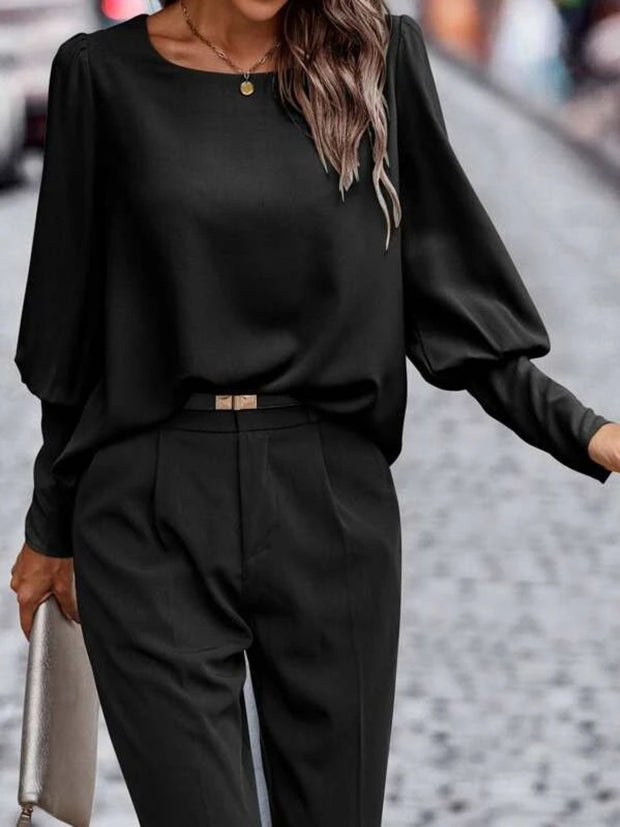 Round Neck Lantern Sleeve Blouse Trendsi