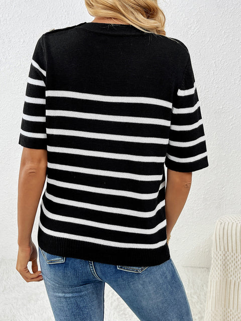 Striped Round Neck Half Sleeve Knit Top Trendsi