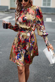 Printed Tie Waist Mock Neck Lantern Sleeve Dress Trendsi