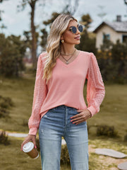 Swiss Dot V-Neck Long Sleeve Blouse Trendsi