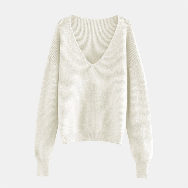 V-Neck Dropped Shoulder Long Sleeve Sweater Trendsi