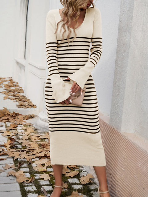 Striped V-Neck Long Sleeve Sweater Dress Trendsi