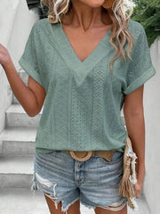 Eyelet V-Neck Short Sleeve Blouse Trendsi