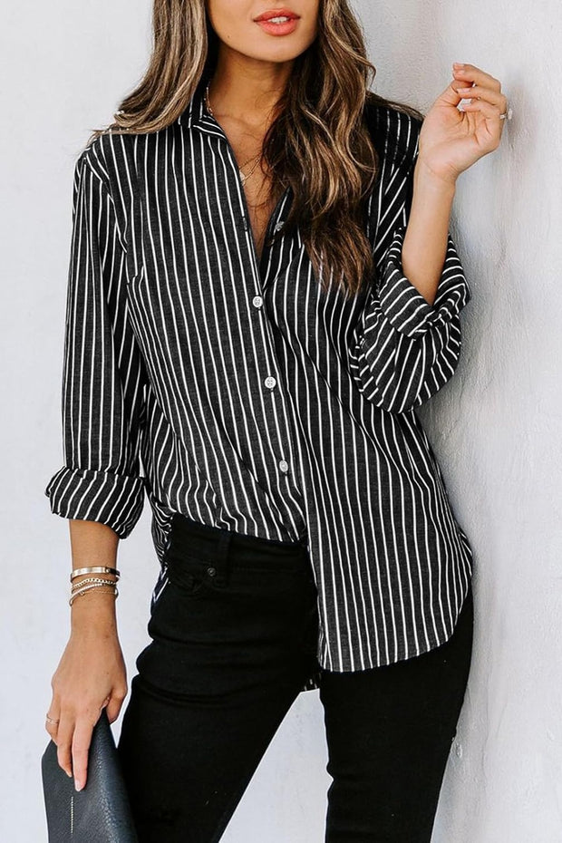 Striped Button Up Long Sleeve Shirt Trendsi