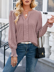 Eyelet Notched Flounce Sleeve Blouse Trendsi