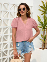 Swiss Dot Lace Detail V-Neck Blouse Trendsi