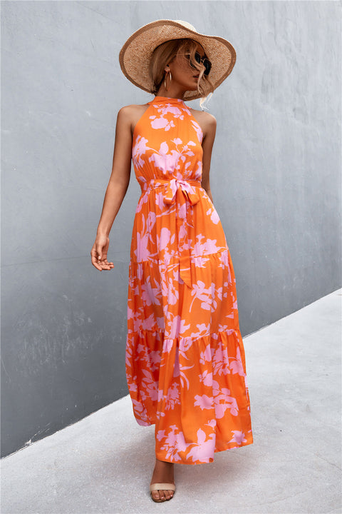 Printed Sleeveless Tie Waist Maxi Dress Trendsi