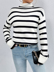 Striped Turtleneck Drop Shoulder Sweater Trendsi