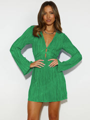 Tied Plunge Flare Sleeve Mini Dress Trendsi