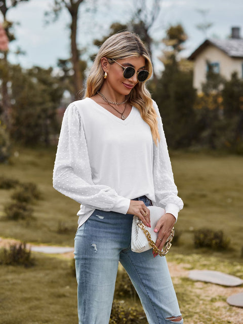 Swiss Dot V-Neck Long Sleeve Blouse Trendsi