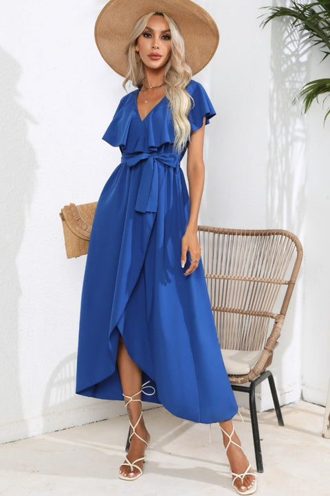 Ruffled Tied V-Neck Midi Dress Trendsi