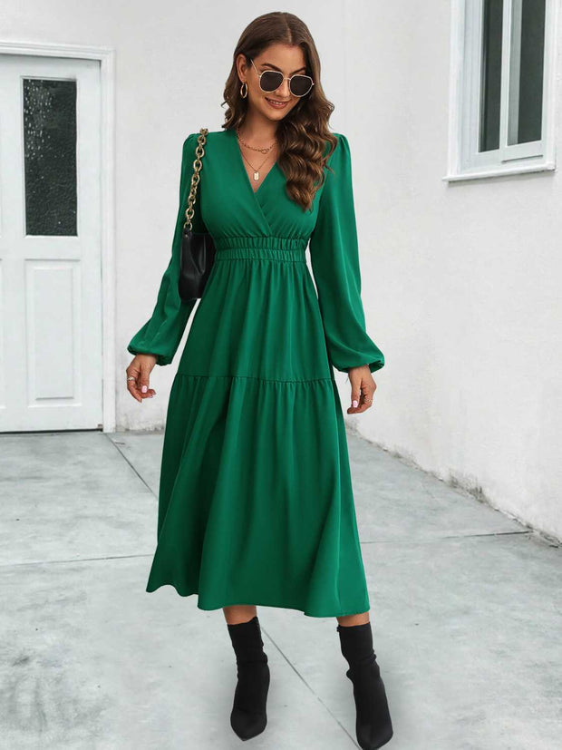 Surplice Neck Long Sleeve Midi Dress Trendsi