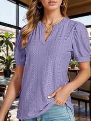 Eyelet Notched Short Sleeve Blouse Trendsi