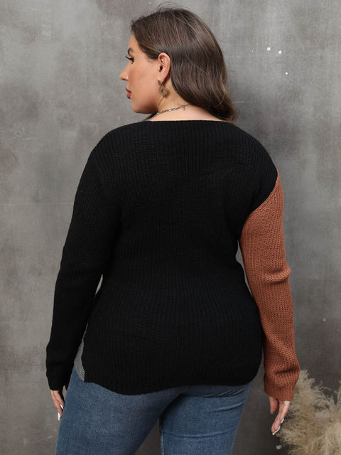 Plus Size Two-Tone Surplice Neck Sweater Trendsi