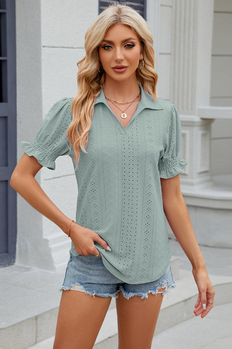 Eyelet Johnny Collar Short Sleeve Blouse Trendsi