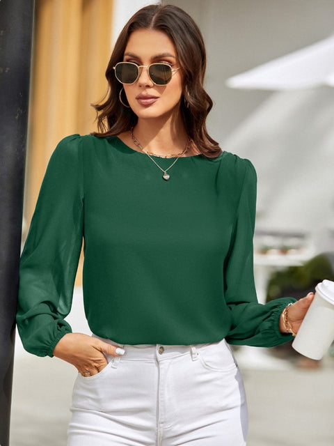 Round Neck Long Sleeve Blouse Trendsi