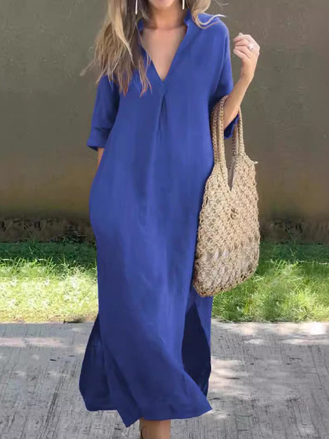 Full Size Notched Half Sleeve Midi Dress Trendsi