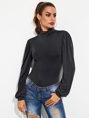 Backless Tie-Waist Turtleneck Lantern Sleeve Bodysuit Trendsi