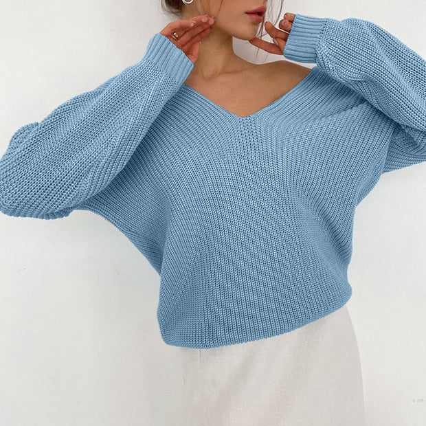 V-Neck Dropped Shoulder Long Sleeve Sweater Trendsi