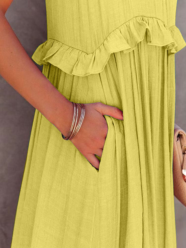 Ruffled Sleeveless Tiered Maxi Dress with Pockets Trendsi