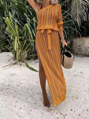 Slit Openwork Single Shoulder Knit Cover Up Dress