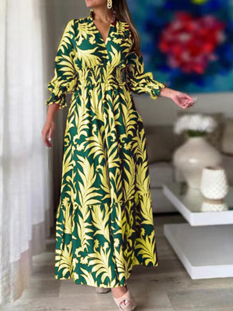 Printed Flounce Sleeve Maxi Dress Trendsi