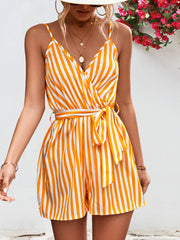 Striped Tie Waist Spaghetti Strap Romper Trendsi